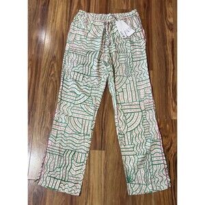 Zara Linen Blend Graffiti Print Pant M Cream Green Pink Trouser NWT